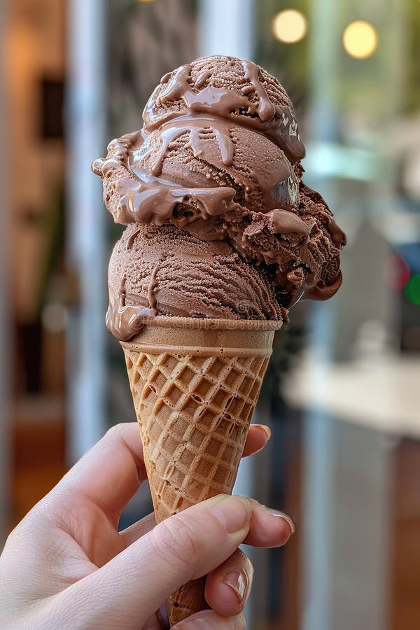 Hand holding triple scoop chocolate ice cream cone, blurred background royalty free stock image