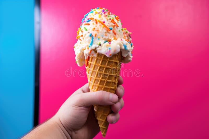Hand holding a triple scoop vanilla ice cream cone against a colorful background stock photos
