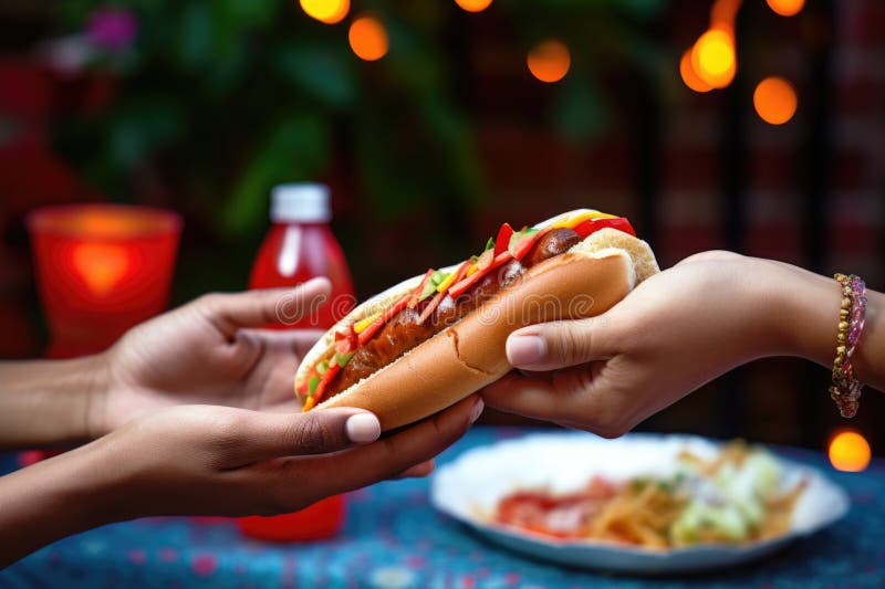 Hand holding two hot dogs at a party royalty free illustration