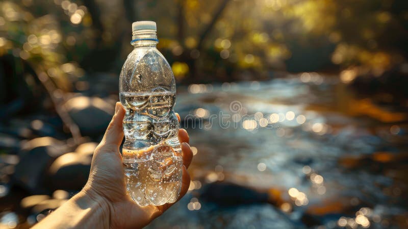 A hand holding a water bottle by a stream. royalty free stock photos