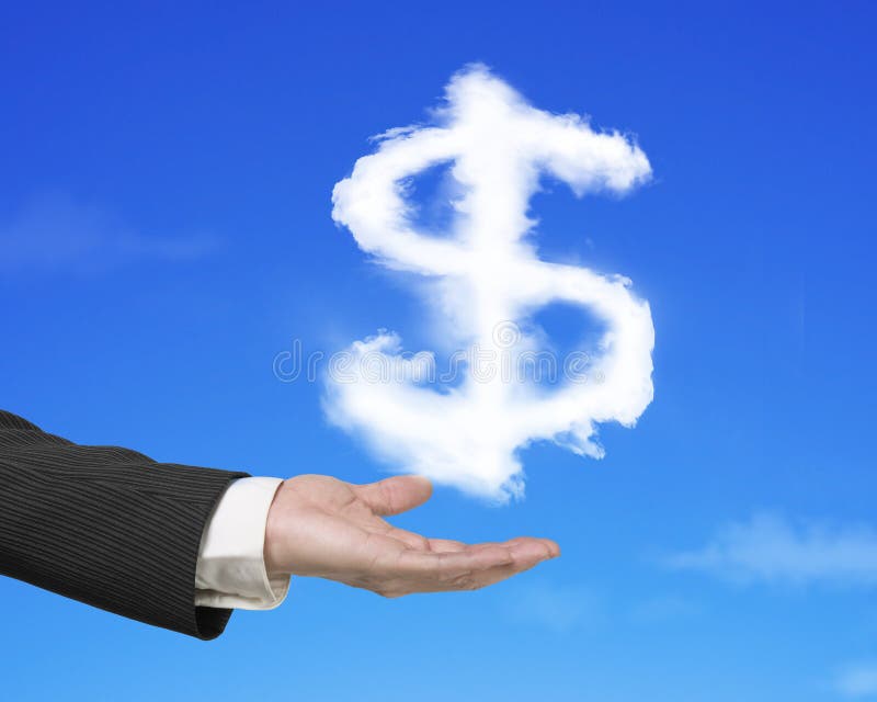 Hand holding white dollar sign shape cloud with blue sky stock image Hand holding white dollar sign shape cloud with blue sky stock image