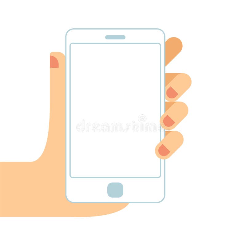 Hand holding white smartphone. Touching blank white screen. Flat design concept vector illustration