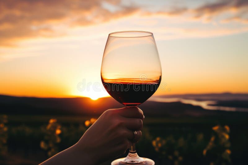 A hand holding a wine glass against a sunset stock illustration