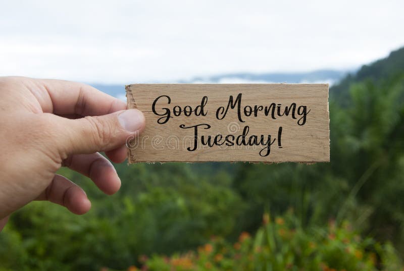 Hand holding wooden banner with Good Morning Tuesday text. With beautiful nature background. Morning wishes concept.