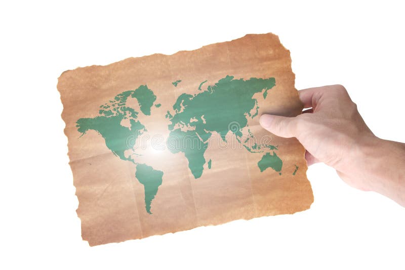 Hand holding a world paper map