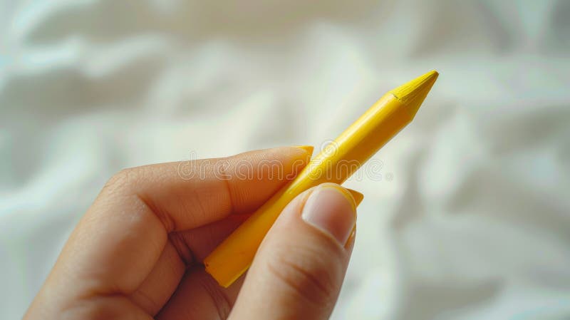 Hand holding a yellow crayon, close-up view. royalty free stock photography