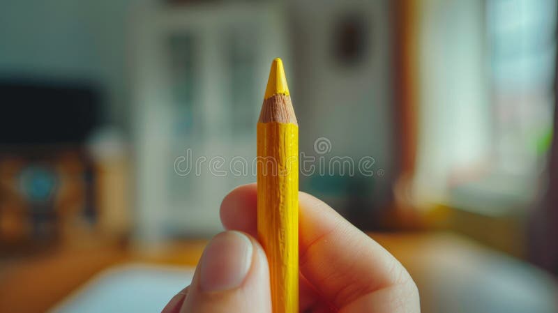 A hand holding a yellow pencil, close-up shot with a blurred background. royalty free stock photography