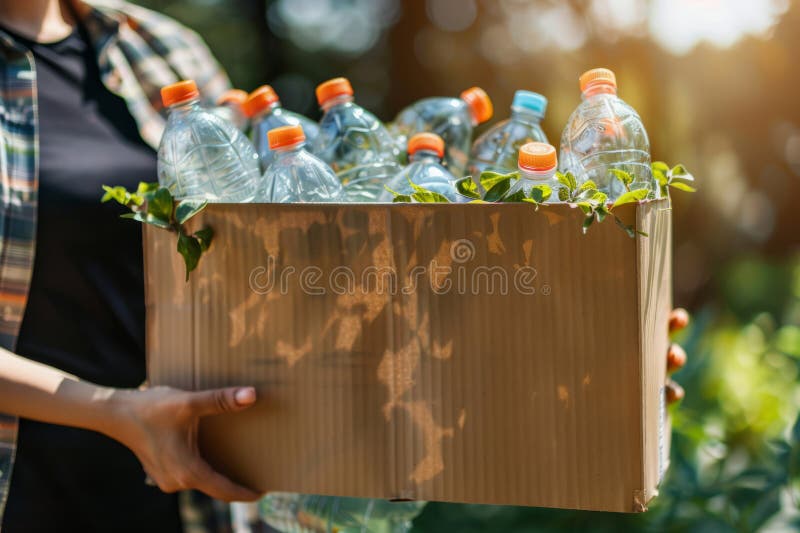 Hand Holds Brown Recycle Box with Plastic Bottles. Generative AI Stock
