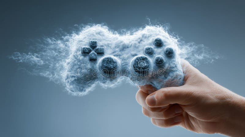 Hand holds cloud shaped gaming controller, symbolizing cloud gaming technology and innovation vector illustration