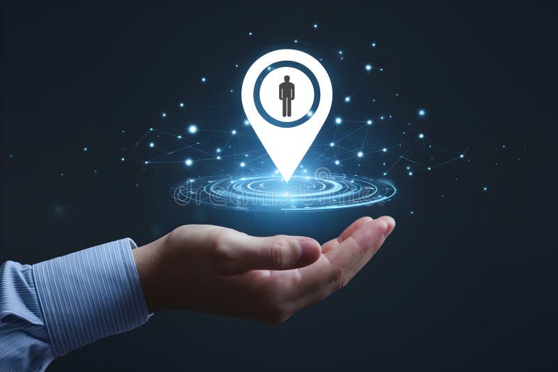 Hand holds digital location marker, suggesting modern location based services royalty free illustration