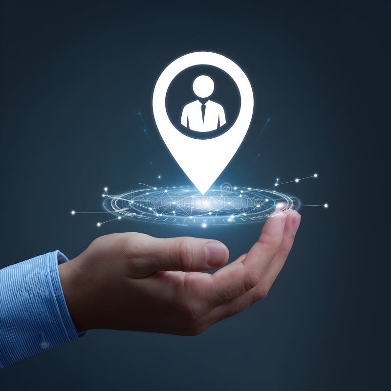 Hand holds digital location marker, suggesting modern location based services royalty free illustration