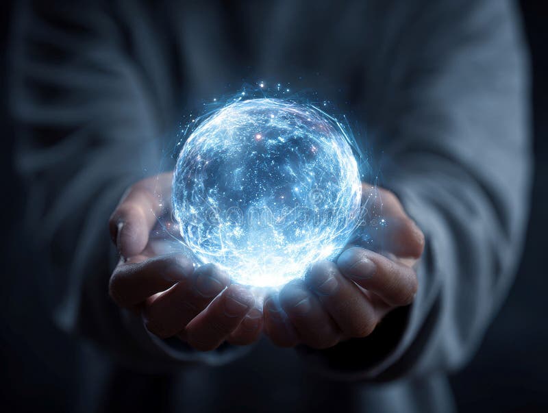 A hand holds a glowing, spherical digital network, illuminated by blue hues against a dark background The composition is realistic royalty free illustration