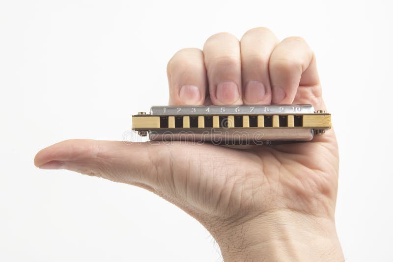The Hand Holds a Harmonica on a White Background. Classical Musical