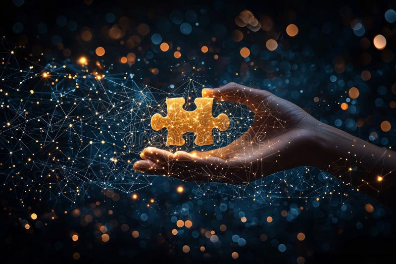 Hand holding illuminated puzzle piece amidst network connections and digital bokeh stock photography