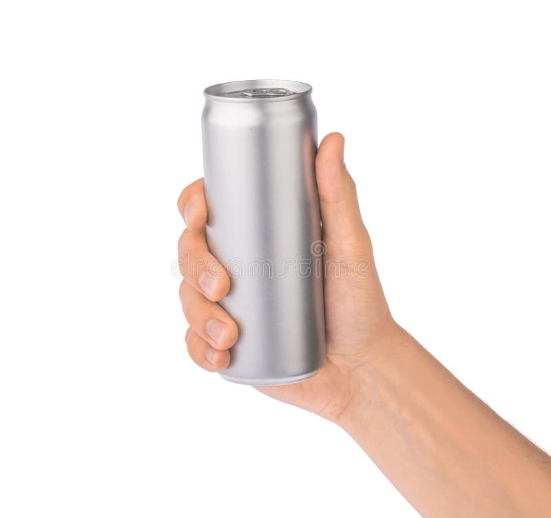 Hand holds metal beverage drink can isolated on white royalty free stock photography