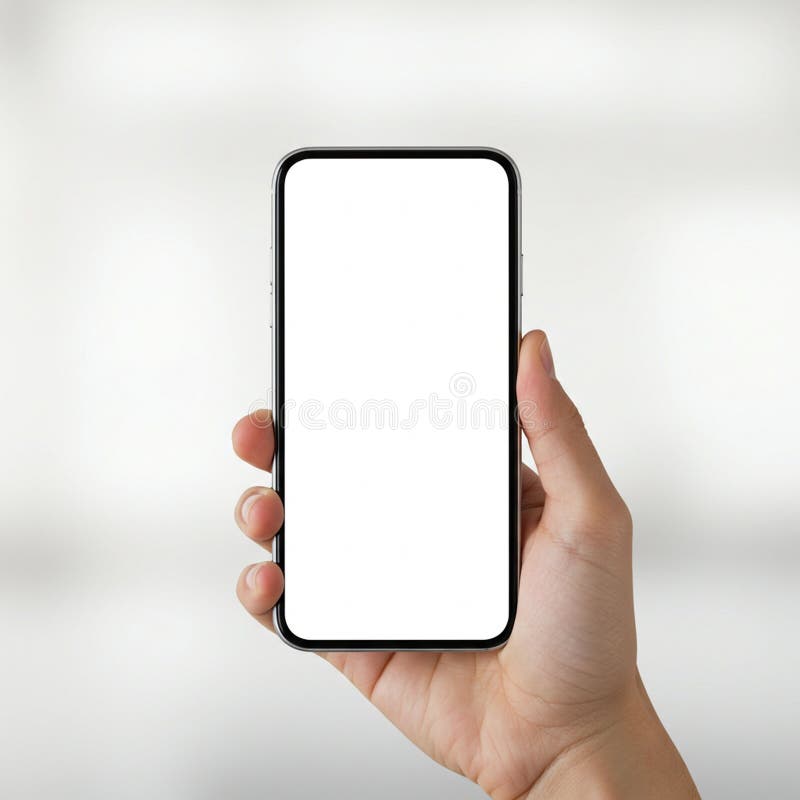 A hand holds a modern smartphone with a blank white screen, suggesting a display stock illustration