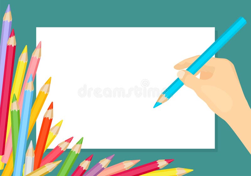 https://thumbs.dreamstime.com/b/hand-holds-pencil-drawing-white-blank-sheet-paper-scattered-colored-pencils-vector-cartoon-illustration-277417378.jpg