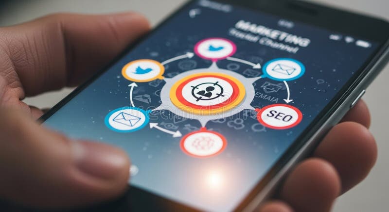 A hand holds the phone suggesting interaction with the digital content royalty free illustration