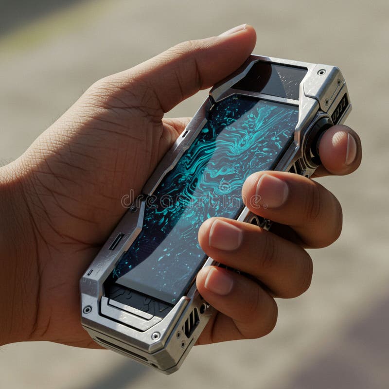 A hand holds a rugged smartphone with a futuristic design. The device features a stock illustration