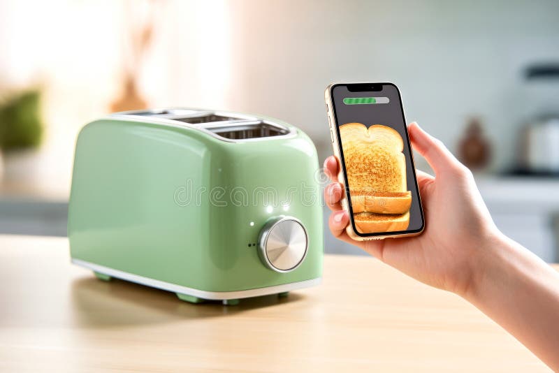 Hand holds smartphone with app displaying cooking process toast to remote control modern green smart toaster function. Concept of innovation appliance wireless modern technology for morning breakfast