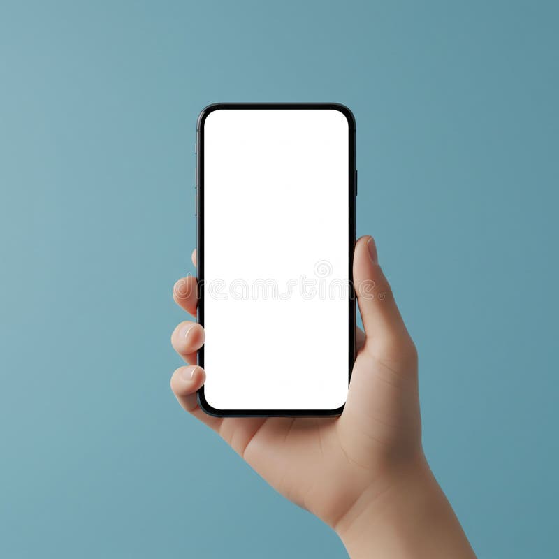 A hand holds a smartphone with a blank white screen against a solid blue stock illustration