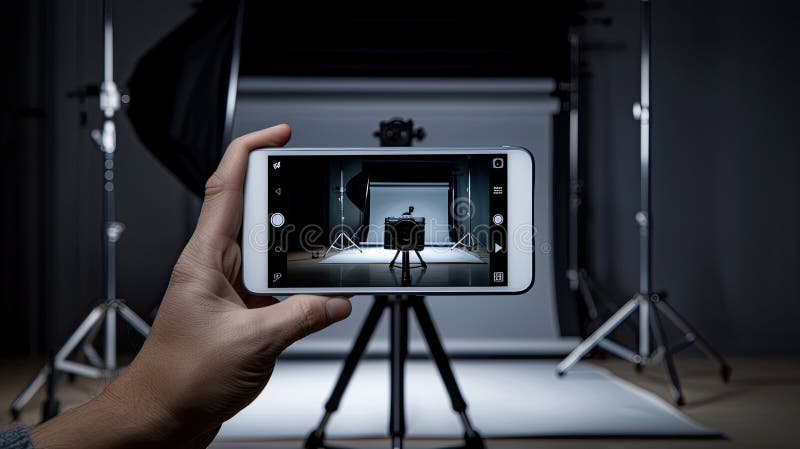 A hand holds a smartphone, capturing an image of a camera mounted on a tripod within a studio setting. The studio contains a backdrop, lighting equipment, and a gray floor. AI generated