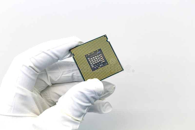 Hand i den vita handsken som rymmer en mikrochips f? r CPU-datorprocessor fotografering för bildbyråer