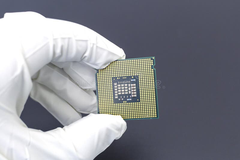 Hand i den vita handsken som rymmer en mikrochips f? r CPU-datorprocessor royaltyfri fotografi