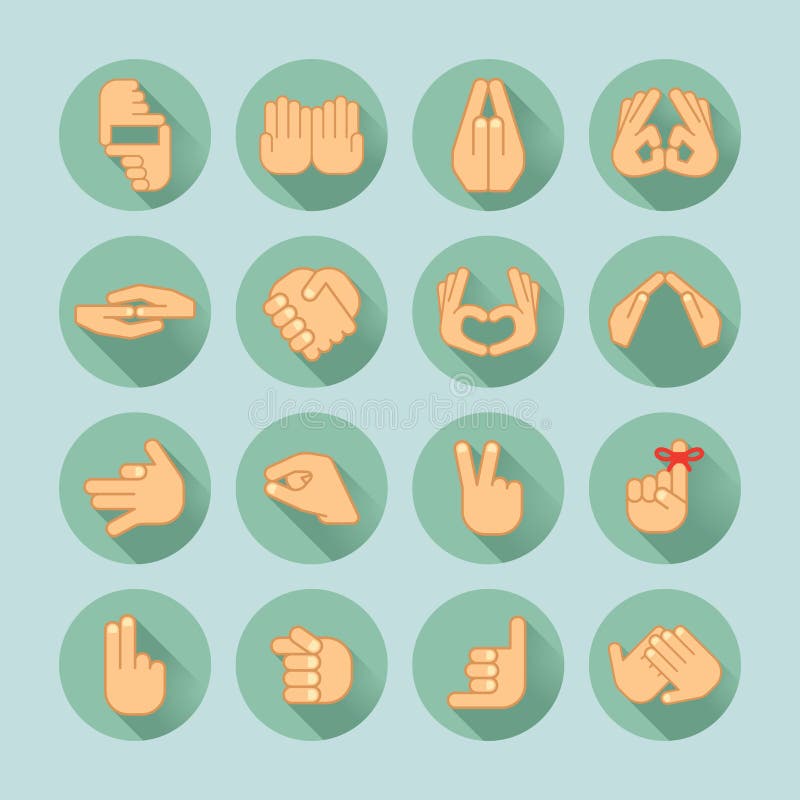 Sixteen flat style hand icons on green background. Sixteen flat style hand icons on green background