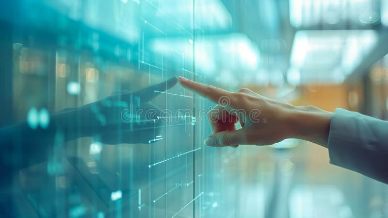 Hand illustrating on digital whiteboard, empty chart detail, hightech office background royalty free illustration