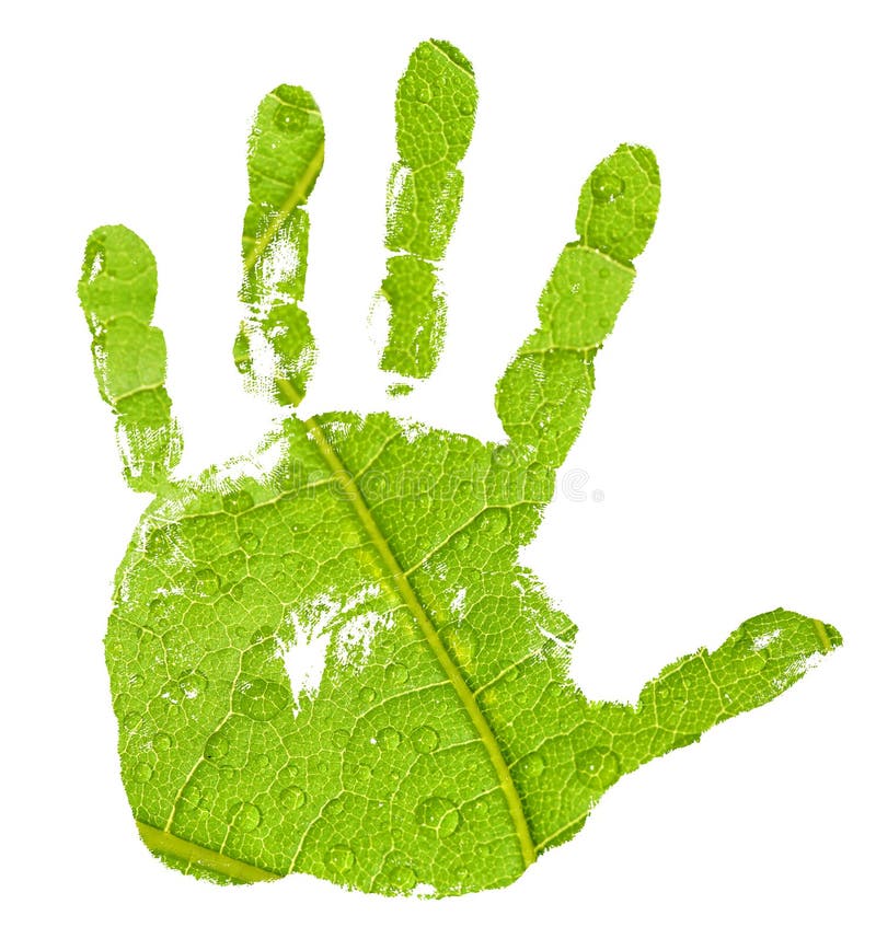 Hand imprint on green leaf background
