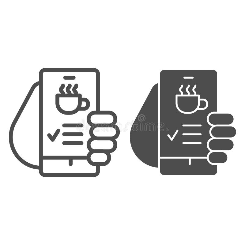 Hand innehåller smartphone med kaffekopp på skärmlinje och ett meddelande om inbjudan till kaffetidskoncept för solid ikon royaltyfri illustrationer