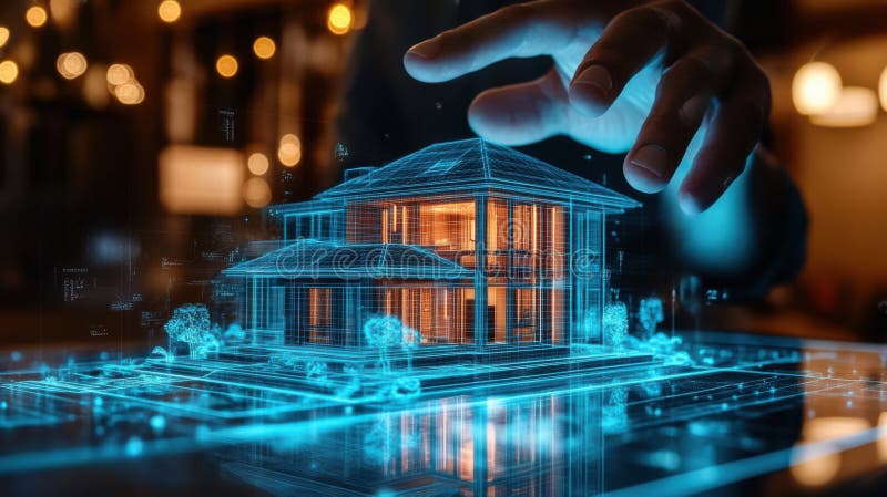 Hand interacting with digital blueprint of a modern house in a futuristic setting vector illustration