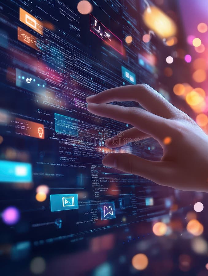 Hand Interacting with Digital Data and Colorful User Interface Icons royalty free illustration