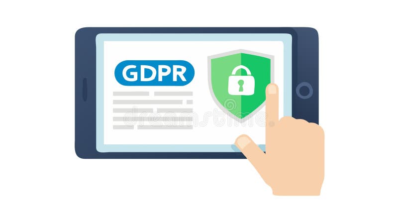 A flat vector icon showing a hand interacting with a tablet displaying a GDPR shield and a padlock. This represents active data protection consent, user privacy settings, or legal compliance. Essential for privacy policies, legal disclaimers, or cybersecurity education. Empowers users with data control, vector design Generative AI. User consent vectors