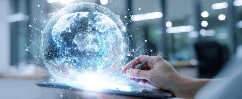 The hand interacting with a glowing digital globe on a tablet device. image stock photography.