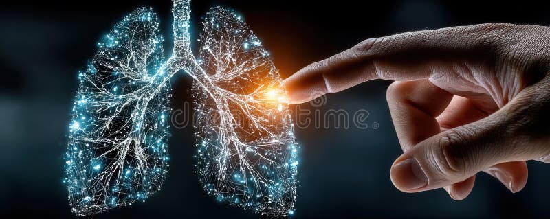 A glowing digital representation of lungs is touched by a hand, symbolizing innovation in healthcare and technology. This concept highlights advancements in respiratory health, diagnostics, and artificial intelligence integration. The captivating image represents a fusion of medicine and futuristic technology, emblematic of a modern approach to healthcare solutions. Artificial intelligence lungs stock images, royalty-free photos and pictures