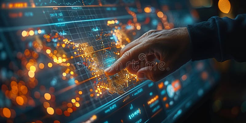 Hand interacting with illuminated digital financial data on a futuristic touchscreen royalty free stock photos
