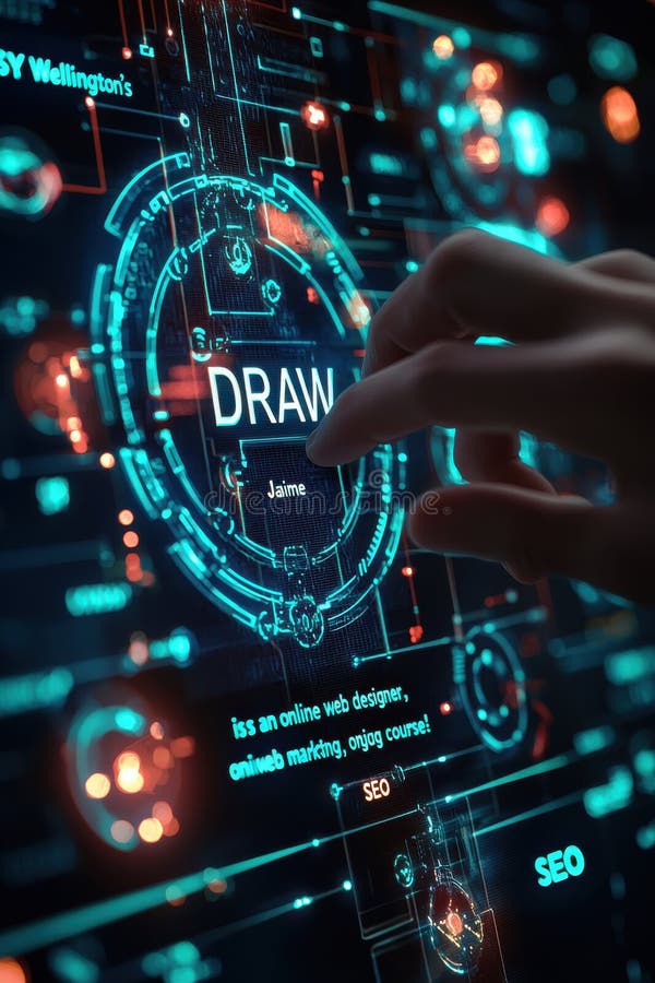 Hand interaction with futuristic digital technology interface displaying a glowing schematic royalty free stock photo