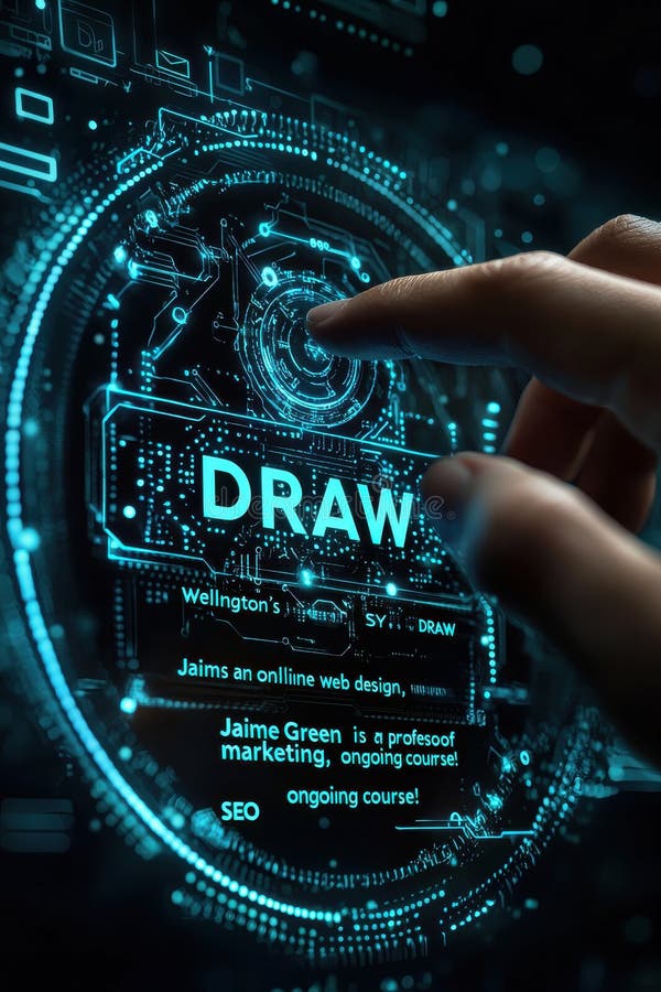 Hand interaction with futuristic digital technology interface displaying a glowing schematic royalty free stock image