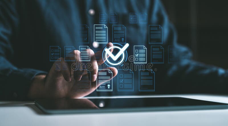 Hand interacts with digital checkmark and documents on dark background, symbolizing online document approval and business royalty free stock image