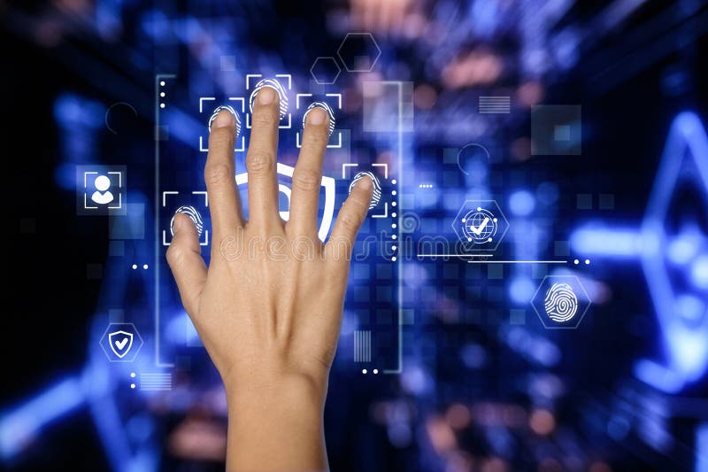 A hand interacts with a digital screen displaying multiple fingerprint icons royalty free stock photography