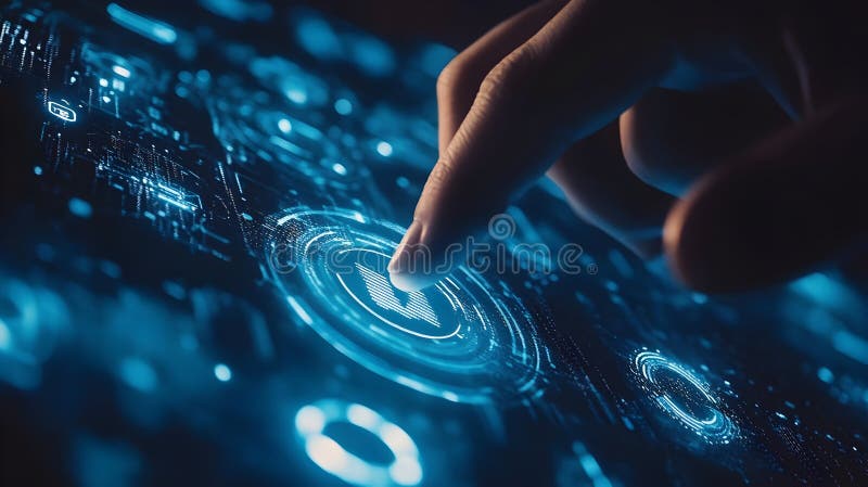 A hand interacts with a digital touchscreen, featuring glowing blue, circular and linear interface elements. royalty free stock image