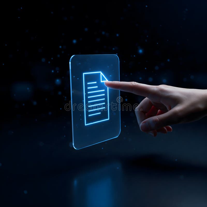 A hand interacts with a glowing digital document icon, symbolizing data access or digital technology royalty free illustration