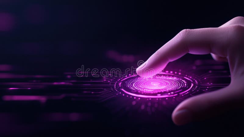Hand interacts with glowing futuristic digital interface, showcasing holographic technology royalty free stock image