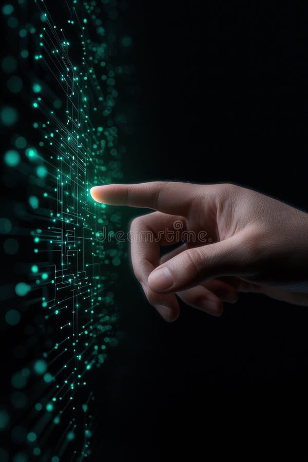 Hand interacts with glowing futuristic digital interface, symbolizing advanced technology stock images
