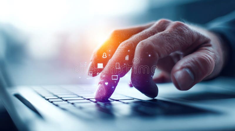 A hand interacts with a laptop, illuminated by digital icons above the keyboard. royalty free illustration