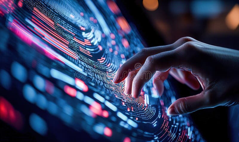A hand interacts with a vibrant digital interface, exploring futuristic data visualization technology. stock photography