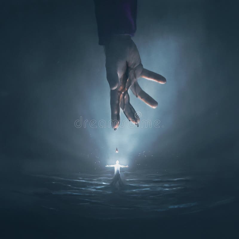 Hand of Jesus and glowing man. A surreal digital illustration of the hand of Jesus above a man who is glowing bright white royalty free stock images