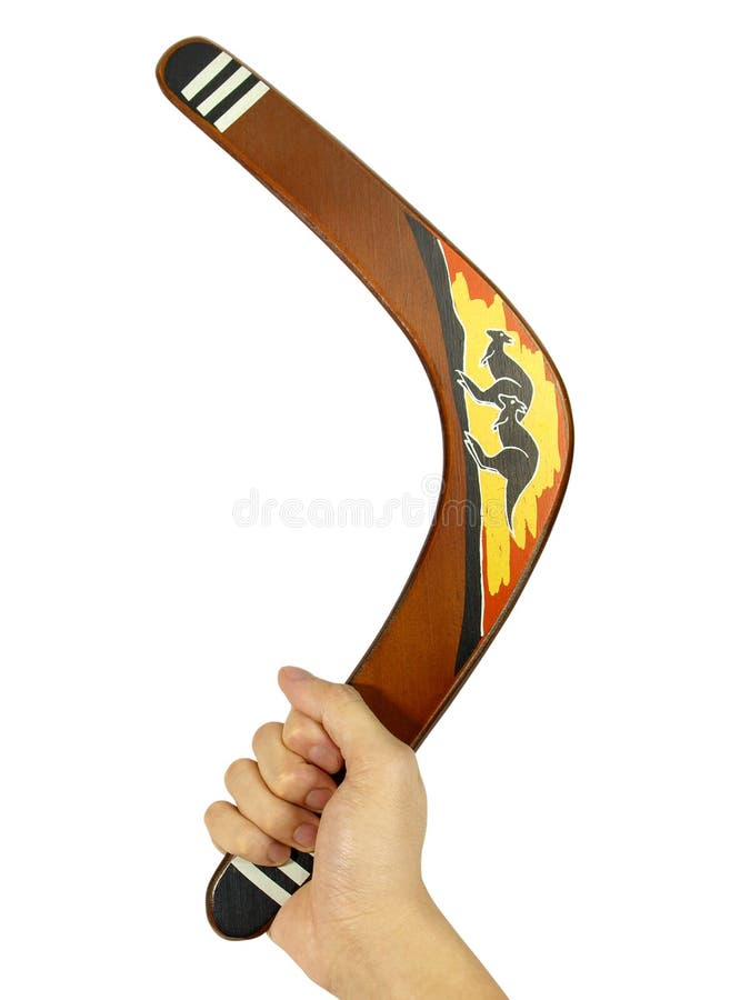 Hand with kangaroo painted boomerang on white background. Painted curve stock images, royalty-free photos and pictures